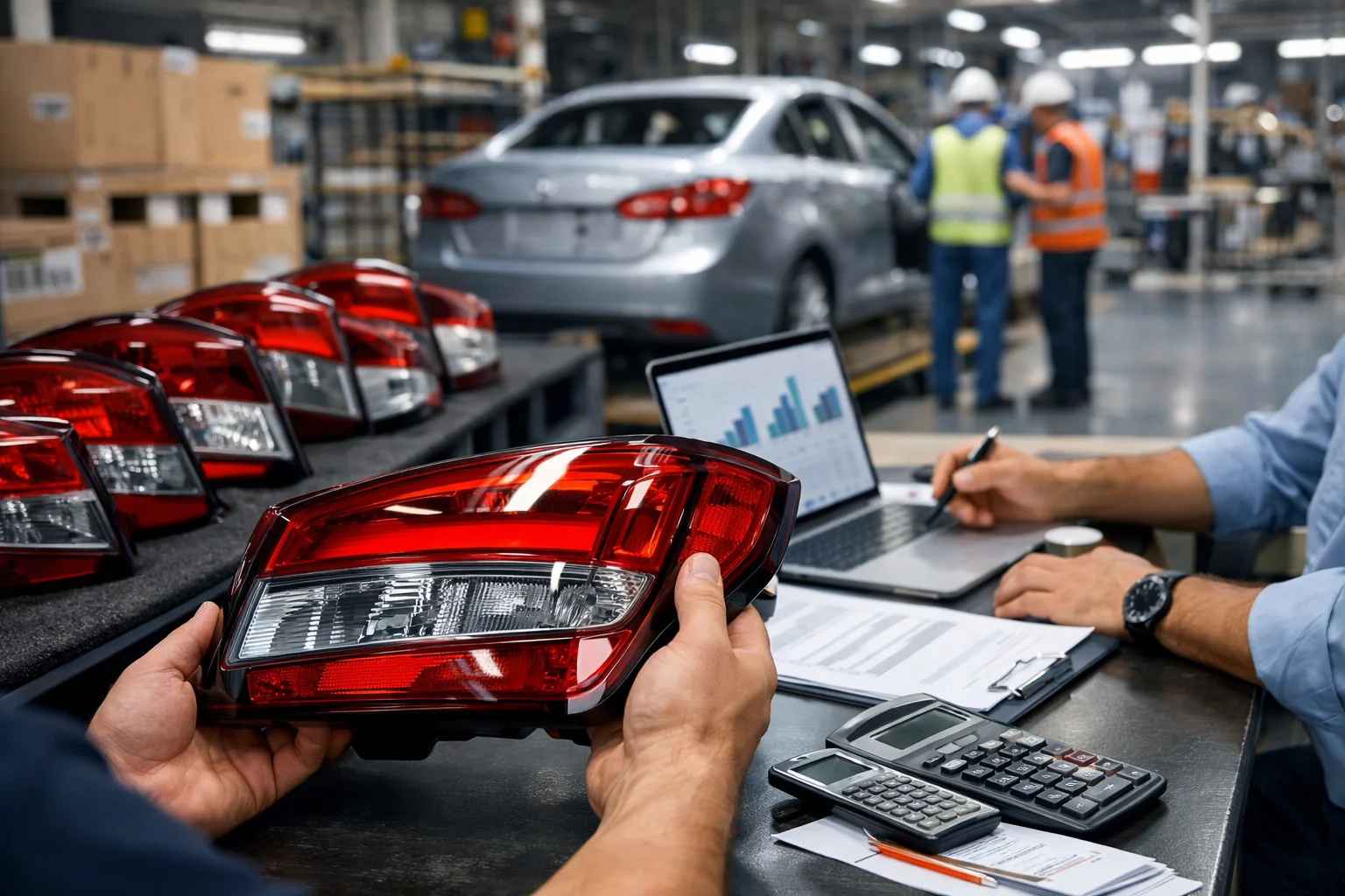 Lanterna traseira automotiva sendo avaliada em ambiente industrial, destacando controle de qualidade, análise de custos e escolha de peças confiáveis para reposição automotiva